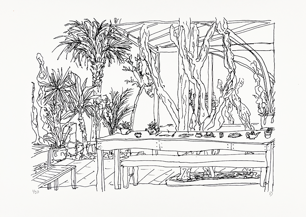 Part of Issy Duggan's travel series, based on Morocco's sun kissed beach towns, this single layer screen print, black ink, captures in the Teapot Cafe in Taghazout, this single-layer screen print draws you in with its teapot cactus planters and sun-dappled tables nestled among tall tropical trees. Printed in our Dalston Print studio by the artist. 