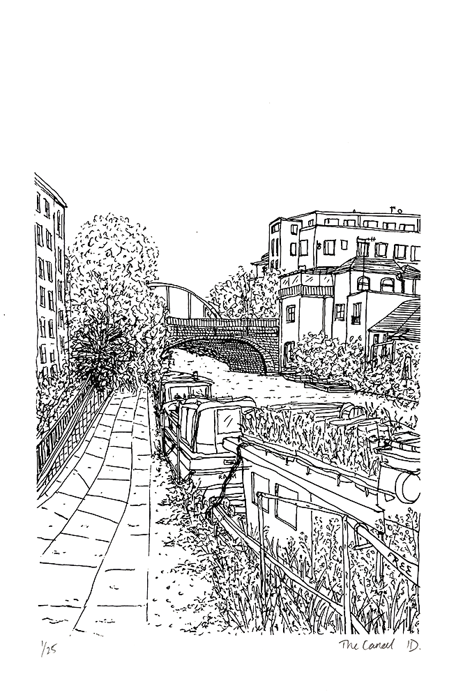 'The Canal' captures a rare escape from Dalston’s usual buzz. Sketched on a slow sunday morning, with canal boats gliding by and willow trees dipping low, this single-layer screen print draws you into this peaceful little pocket where you can sit back, breathe, and let the city’s chaos fade into the background. A single-layer screen print of a sketch depicting a view of the canal in Haggerston.