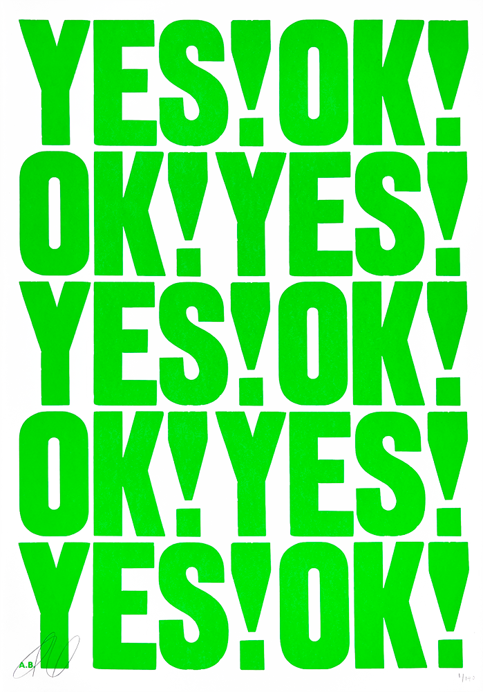 The limited edition "YES OK!" poster is a vibrant piece of art, featuring bold green text that alternates between "YES!" and "OK!" in striking capital letters. The words are meticulously arranged in a grid pattern, filling the entire canvas with an energetic rhythm that captures the pulsating creativity of Hackney's dynamic art scene.