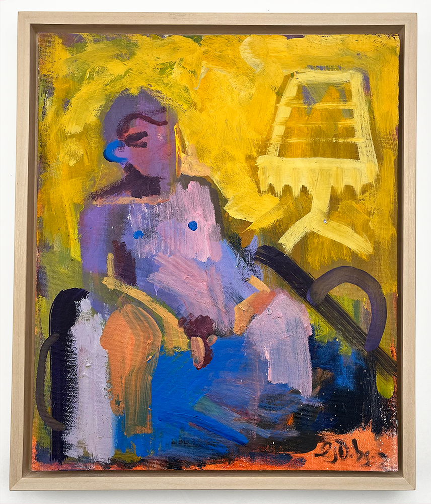 An oil painting of a man relaxing in the nude in his yellow bathroom.