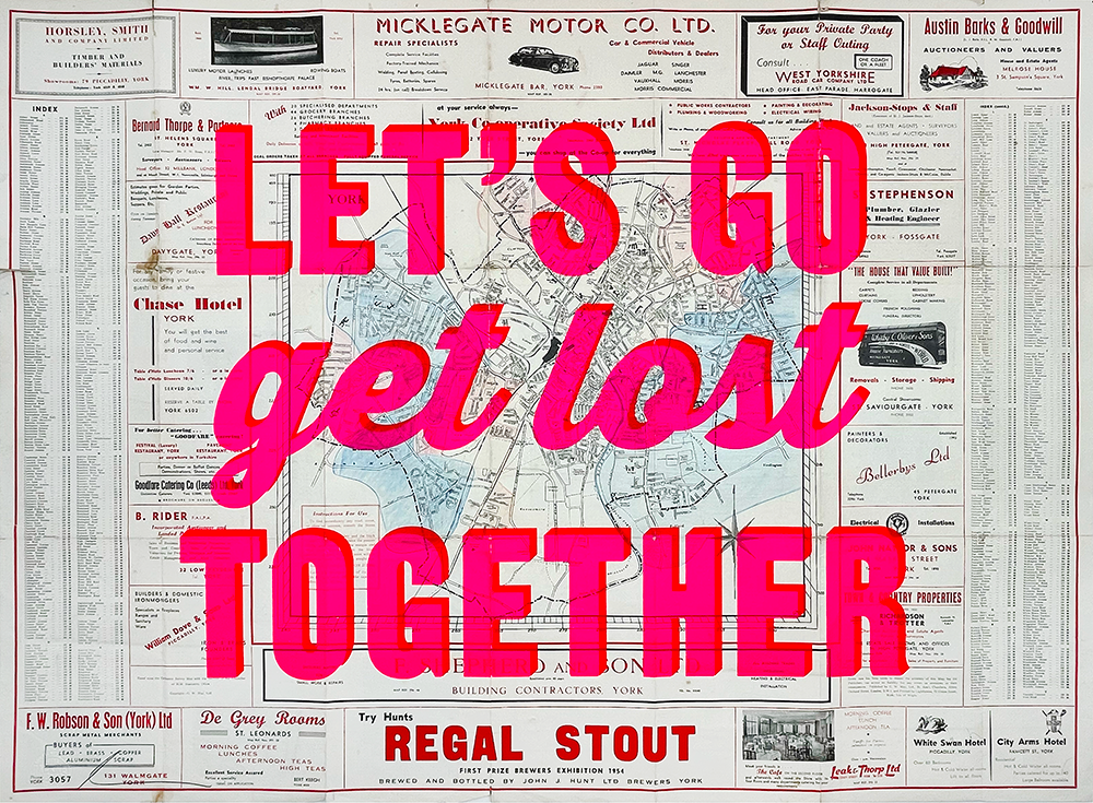 The Let's Go Get Lost Together York Pointer Street Plan - Pink is a captivating piece of art that blends vintage aesthetics with modern vibrancy. Dominated by bold pink text proclaiming "LET'S GO get lost TOGETHER," the design is encased within a nostalgic framework of advertisements and business listings. This artistic layout invites viewers to embark on an adventurous exploration through York's charming streets, evoking a sense of wanderlust and discovery.