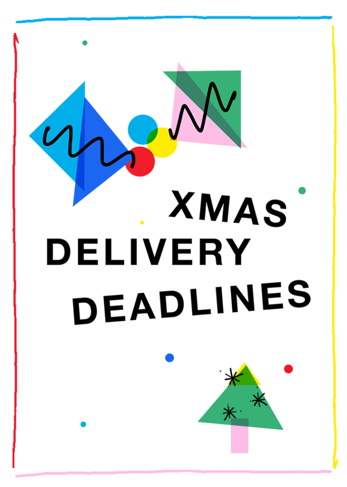 A vibrant artistic composition features striking geometric shapes in shades of blue, green, and red, framing the prominent text "CHRISTMAS DELIVERY DEADLINES." In the lower right corner sits a charmingly adorned Christmas tree, adding a touch of festive spirit to the ensemble.