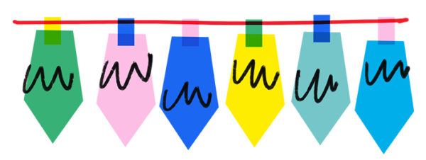 Art Illustration depicting six vibrant paint tubes, each adorned with elegant wavy black lines. These tubes, resembling festive Christmas ornaments, are showcased in a palette of green, pink, blue, yellow, blue, and teal. They are topped with caps colored red, yellow, blue, green, blue, and pink respectively. All of this is set against a pristine white background for a striking contrast.