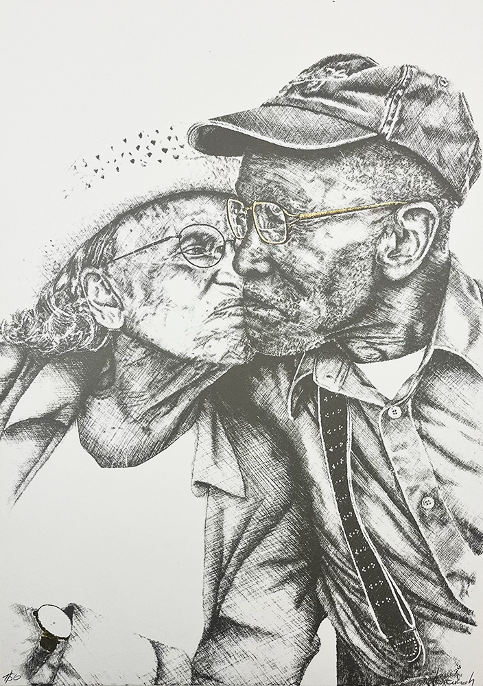 The limited edition sketch entitled "Awo Eru" can be described as a heartfelt piece of art that captures an intimate moment shared between an elderly couple in Hackney. This poignant illustration showcases both individuals wearing glasses and hats, with their noses gently touching in a tender gesture. The man is depicted wearing a cap and suspenders, while the woman adorns herself with a wide-brimmed hat. The warmth and affection radiated through their posture make it an exquisite choice for screenprint reproduction, evoking emotions of love and companionship through its delicate lines and detailed expressions.