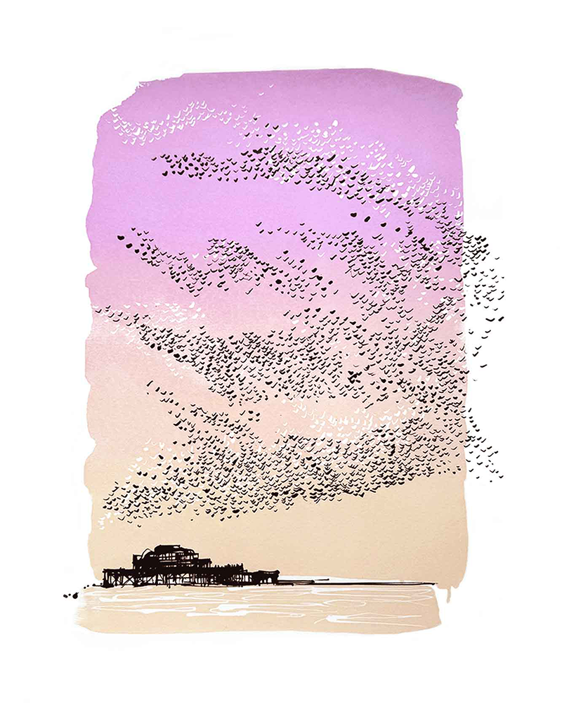 Endless Summer - Brighton Pier Re-Edition is a captivating artwork that beautifully portrays the elegance of a sunset. In this piece, flocks of birds create mesmerizing patterns as they murmur across the sky. The backdrop gracefully transitions from a gentle pink to a delicate soft orange, evoking a tranquil and picturesque scene that perfectly captures the essence of an endless summer evening.