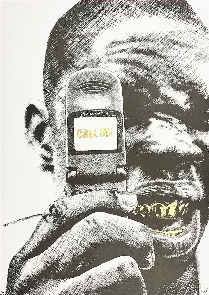 In this limited edition screenprint titled "CALL ME," the art captures a figure from Hackney holding a flip phone to their ear, with the words "CALL ME" emblazoned across its screen. Their smile reveals dazzling gold teeth, adding an intriguing focal point. Rendered in a sketch-like style, the piece is predominantly black and white, highlighted by striking vibrant yellow accents that bring an electric energy to the composition.