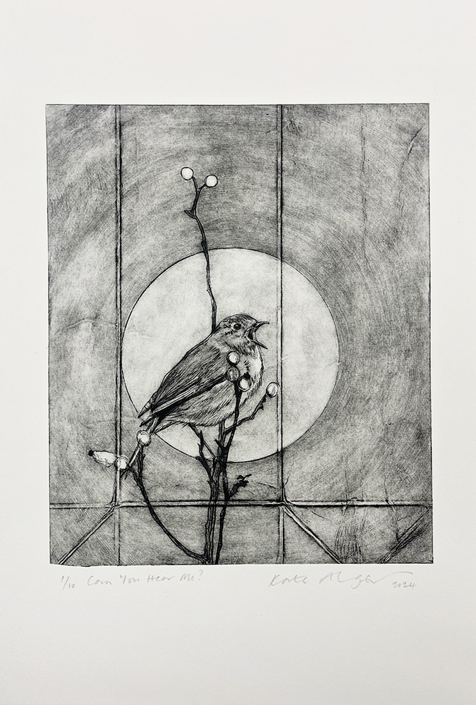 The "Can You Hear Me?" product showcases a striking piece of artwork rendered in black and white. At its center, a bird is elegantly perched on a branch adorned with berries, its beak open in song against the luminous backdrop of a circular moon. The composition is further elevated by intersecting geometric lines that add depth and intrigue to the design, creating an elegant balance between nature and abstraction.