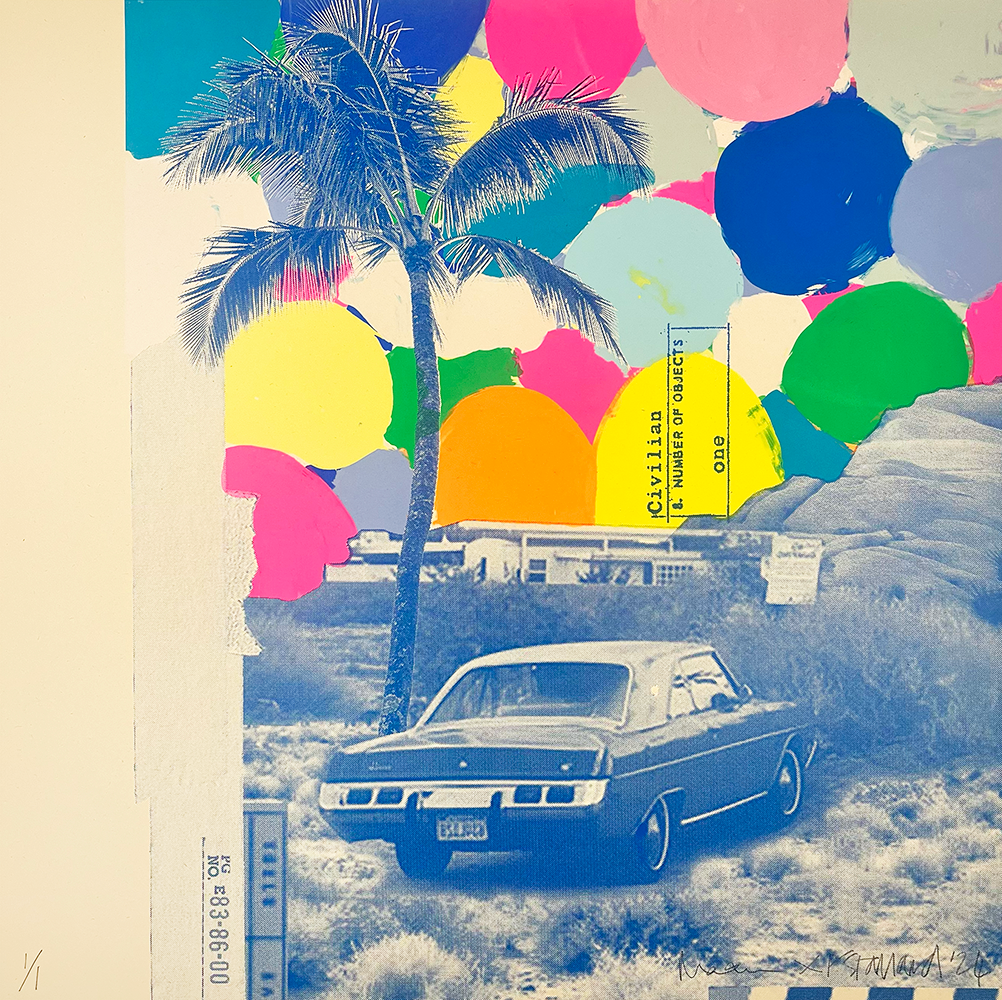 In "Desert Stopover," a vintage car is depicted as an artistic centerpiece on a barren desert road, parked beneath the solitary silhouette of a palm tree. The scene transforms into an inventive canvas with vivid paint splatters and collage elements like text and numbers, adding layers of surrealism and creativity to the composition.