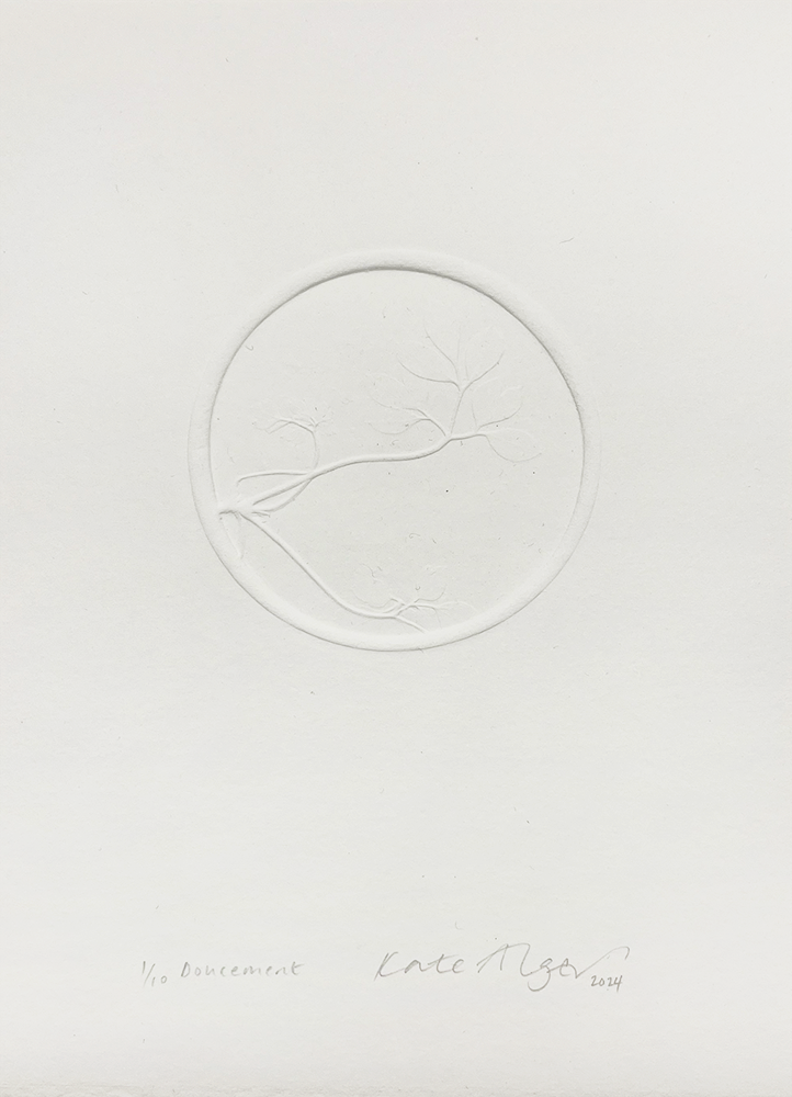 This limited edition screenprint presents an artistic portrayal of a delicate branch adorned with leaves, elegantly embossed within a circular frame set against a pristine white background.