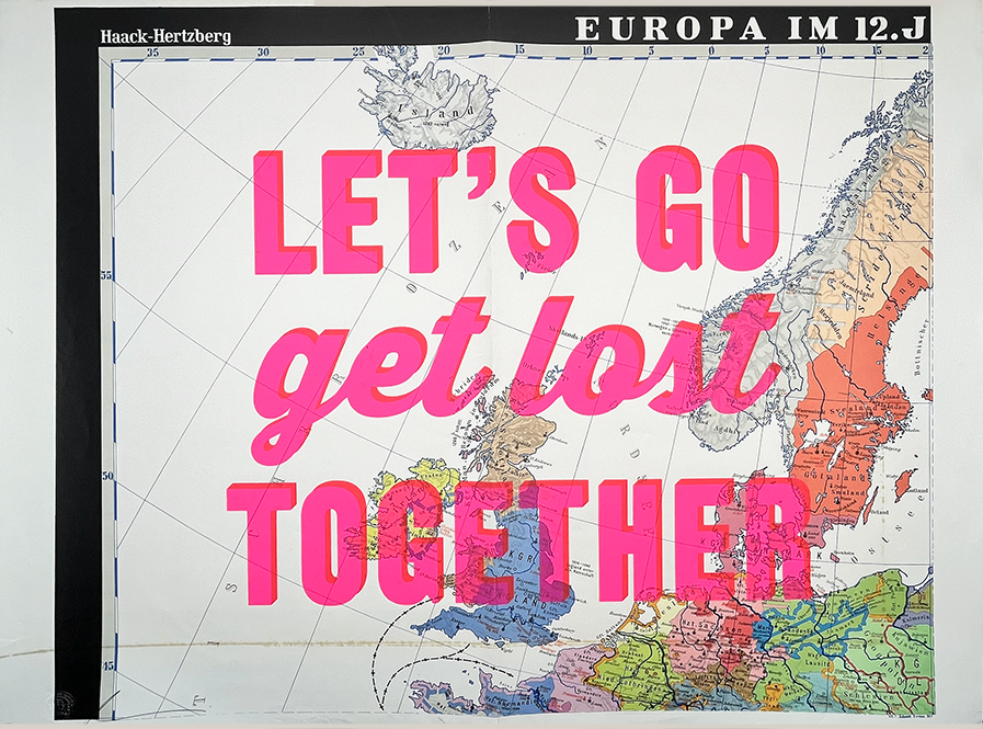 The vibrant map of Europe, adorned with striking pink text that boldly declares "LET'S GO get lost TOGETHER," serves as a captivating masterpiece from the Let's Go Get Lost Together - EUROPA Collection. It artistically showcases the geographical intricacies and country borders with an imaginative touch, making this piece truly exceptional.