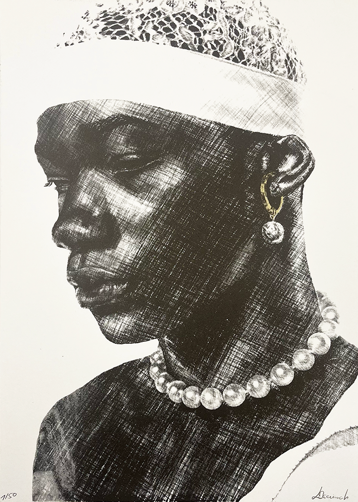 The limited edition screenprint, "Flower Boy," is a captivating work of art that presents a monochrome portrait of an individual from Hackney. The subject is elegantly adorned with a headband, hoop earring, and beaded necklace, which add an intriguing layer of personality. The artist employs an intricate cross-hatching technique to infuse the piece with texture and depth, masterfully capturing the serene expression of closed eyes. This artwork invites viewers into its tranquil world through its meticulous detail and thoughtful composition.