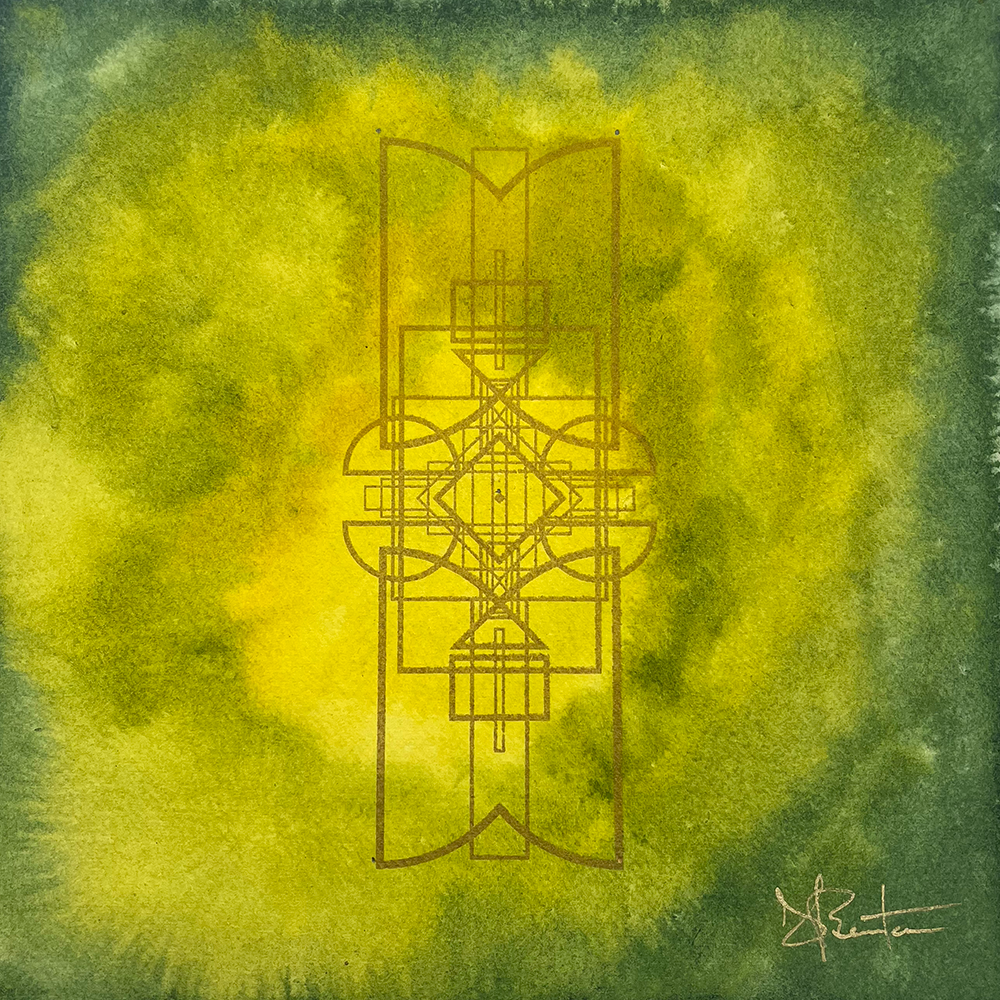 Burgess's abstract masterpiece, "Greetings," presents a stunning interplay of intricate geometric patterns meticulously rendered in gold against a dynamic backdrop of swirling green and yellow hues. The composition weaves lines and curves into a richly layered central motif, lending the piece depth and complexity. The artwork is elegantly completed with the artist's signature positioned in the bottom right corner.