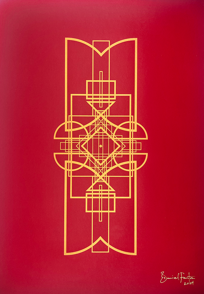 The "Greetings - Carmine Gold" piece is a captivating work of art that embodies elegance through its intricate design. Against a deep red backdrop, symmetrical geometric lines and shapes weave together to create a complex pattern that draws the eye with its precision and harmony. In the bottom right corner, a signature alongside the year 2023 subtly nods to the creator's touch, completing this sophisticated composition with an air of refined allure.