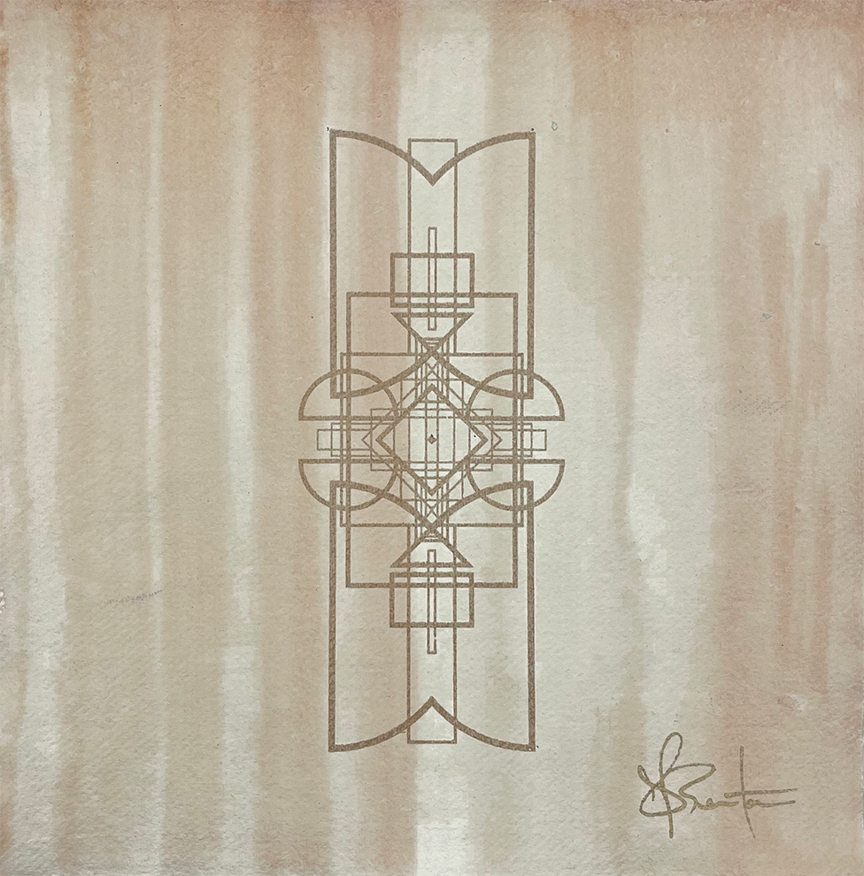 This artwork is a captivating piece of geometric abstract art characterized by symmetrical linear patterns rendered in earthy tones. The textured background accentuates the intersecting lines and shapes, reminiscent of architectural designs inspired by Whitminster. Titled "Greetings - Whitminster," it features a delicate signature greeting subtly placed in the bottom right corner.