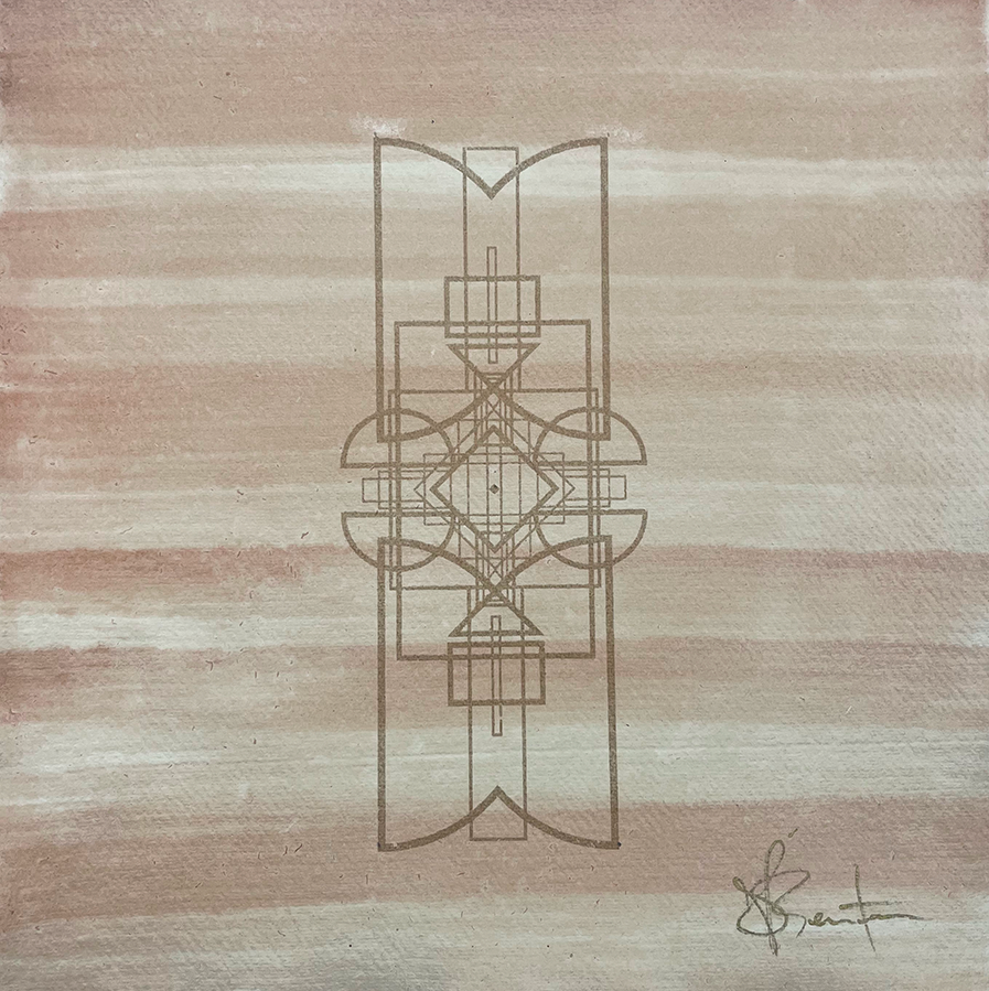 An abstract geometric composition unfolds on a textured canvas, showcasing a palette of brown and beige horizontal brushstrokes. Intricate intersecting lines and shapes converge to resemble an elaborate architectural blueprint. Amidst this complex pattern, the phrase "Greetings - Winchcombe" emerges subtly, with the artist's signature elegantly positioned in the bottom right corner.