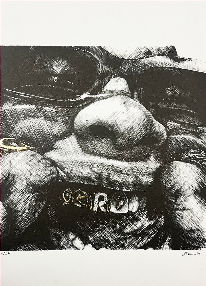 Presenting "ìràwọ̀," an exclusive screenprint that embodies the gritty and eclectic spirit of Hackney. This piece features a compelling black-and-white illustration of a character donning glasses, captured in the act of pulling down their lower lip to reveal intricately adorned teeth with the word "ROOT" emblazoned across them. A ring graces one finger, adding a touch of elegance to the bold depiction. The artwork is distinguished by its remarkable crosshatch texture, creating a dynamic visual experience that invites viewers into its captivating narrative.