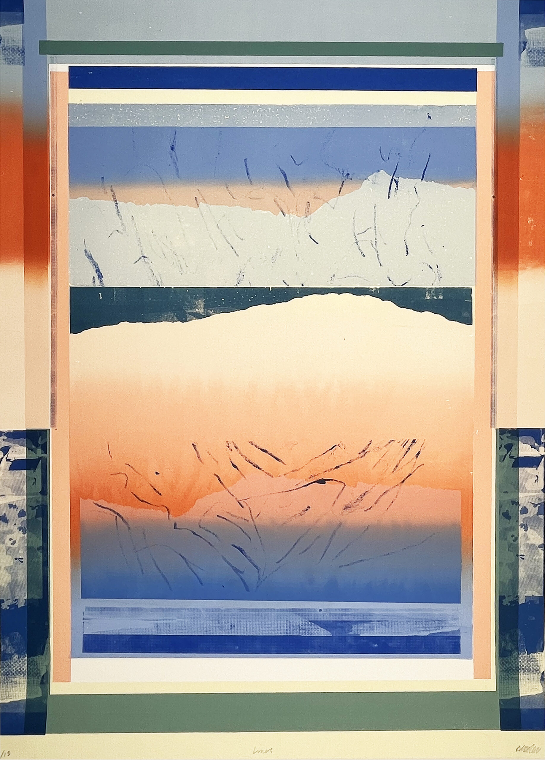 Abstract screen print landscape blue and orange