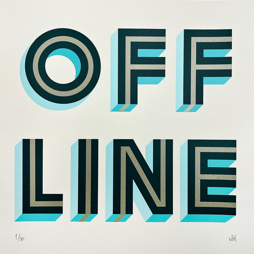 The artwork features bold, three-dimensional letters that spell out "OFF LINE" in a gradient of black, teal, and light blue set against a pristine white background. The design is enhanced with a shadow effect inspired by the "I Wish You Were Here" collection, which adds a sense of depth and vibrancy to the composition.