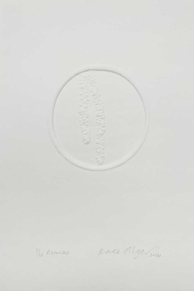 An artistic piece showcases an embossed circle adorned with a textured vertical line, boldly standing against a pristine white backdrop. Underneath, handwritten text reads "1/10 Promises" and "2024," marking it as a limited edition screenprint that resonates with the creative essence of Hackney.