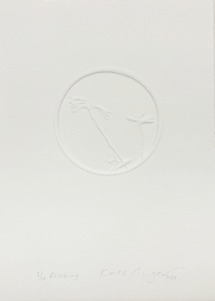 The limited edition screenprint, "Reaching," is a captivating piece of art originating from Hackney. It showcases two delicate flowers elegantly enclosed within a circular border, embossed on fine paper. The textured finish and intricate subtleties contribute to its minimalist and sophisticated aesthetic, all set against a pristine white background.