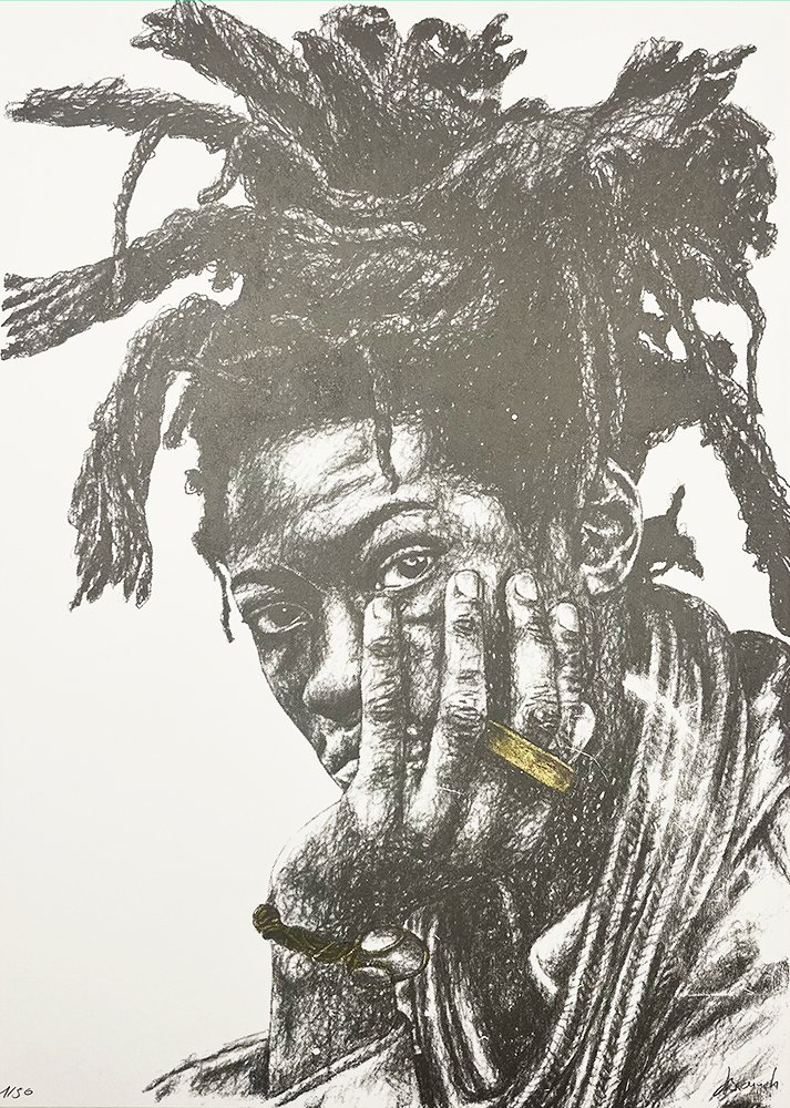 Rumi(nate)" is a limited edition screenprint that transforms portraiture into fine art, showcasing a black and white depiction of an individual with dreadlocks. With their chin gently propped on a ring-adorned hand, they wear a serious expression as they engage the viewer with a direct gaze. This artwork eloquently captures the vibrant and diverse spirit of Hackney, embodying its eclectic cultural essence through striking visual storytelling.