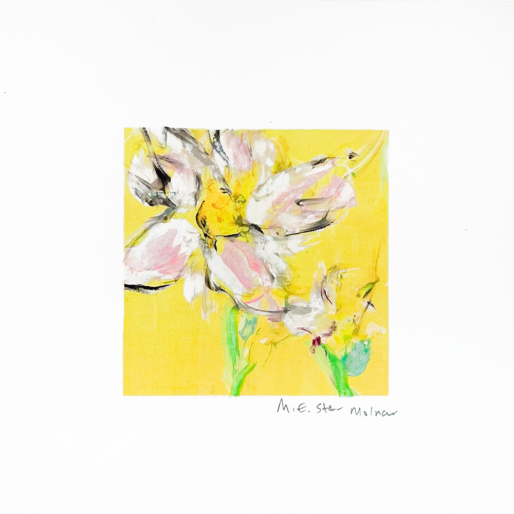 This artwork, titled "Kind of a Cosmo - Collection 1," is a vibrant display that captures the essence of abstract floral beauty. The textured piece showcases ethereal white flowers, each with subtle hints of pink and sunlit yellow centers, set against a brilliant yellow backdrop that radiates energy. Lush green stems and leaves weave through the composition, adding depth and contrast to the lively tableau. A signature graces the bottom of the piece, completing this striking visual symphony.