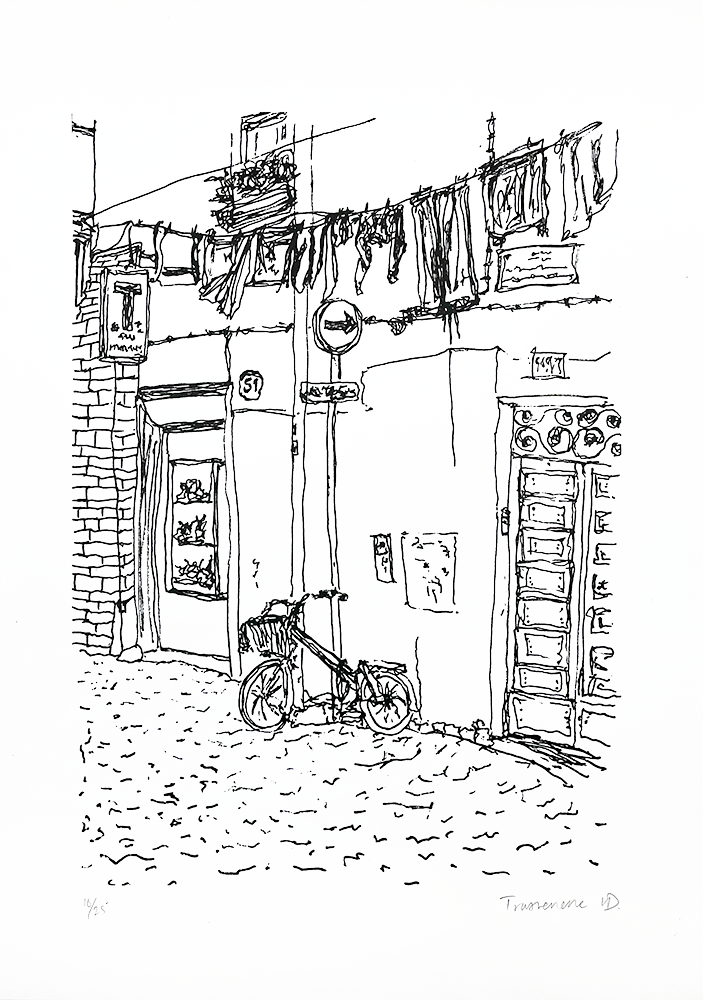 The Trastevere limited edition screenprint is a work of art that portrays a line drawing of a quaint, narrow street scene in Hackney. In the foreground, a bicycle leans casually against an aged wall, evoking a sense of everyday life and quiet solitude. Above the street, clothes flutter on a clothesline, bringing motion and character to the composition. The neighboring buildings are adorned with charming doors and windows that add architectural interest and depth to the piece. The cobblestone street is intricately detailed, while a sign affixed to the wall serves as both an artistic element and linkage to its locale. This screenprint captures not just a physical space but also an intimate moment suspended in time.