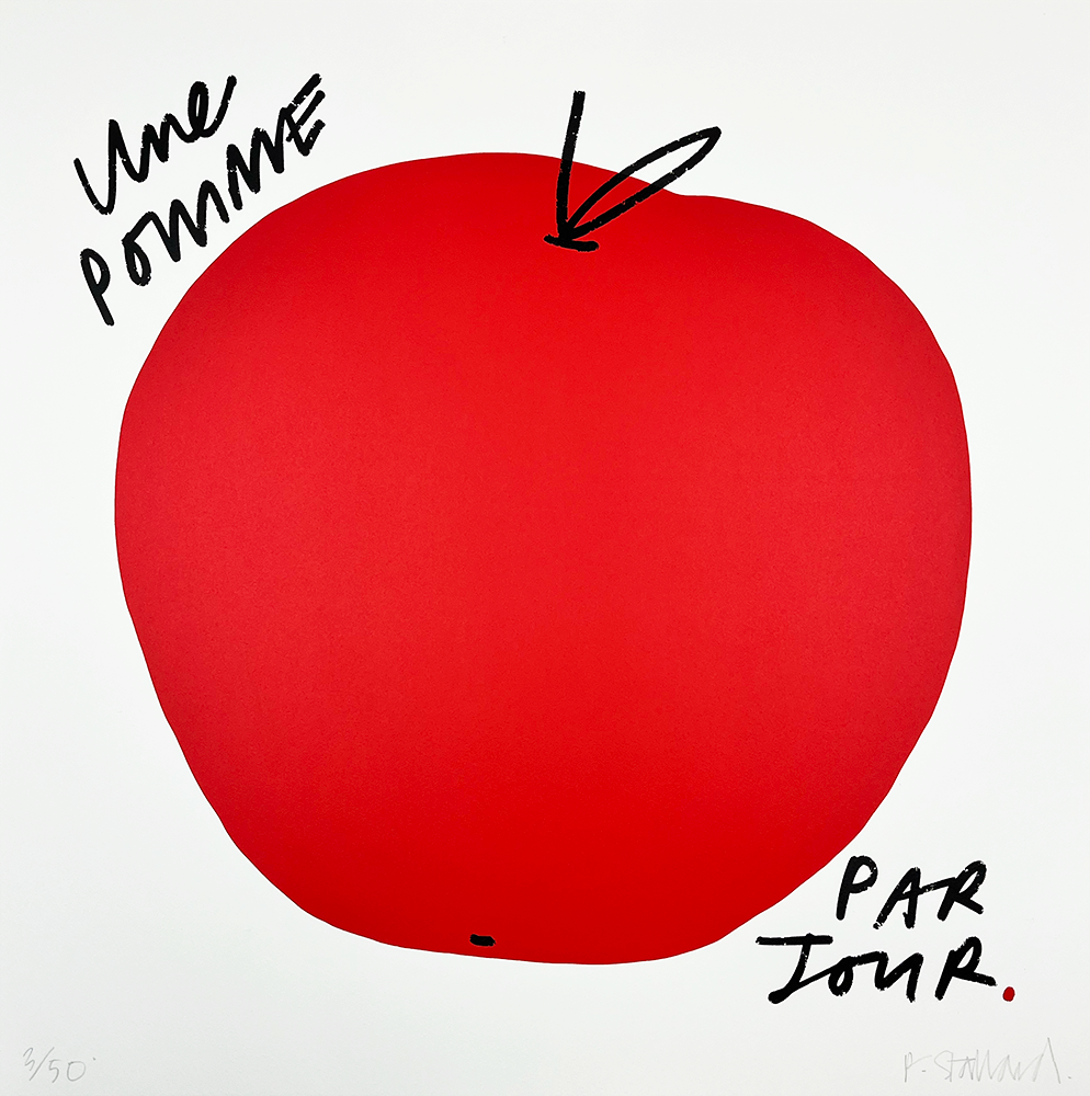 A striking minimalist artwork highlights the essence of "Une Pomme Par Jour." It presents a prominent red apple set against a pristine white backdrop, with the phrase gracefully handwritten in black, elegantly encircling the fruit.