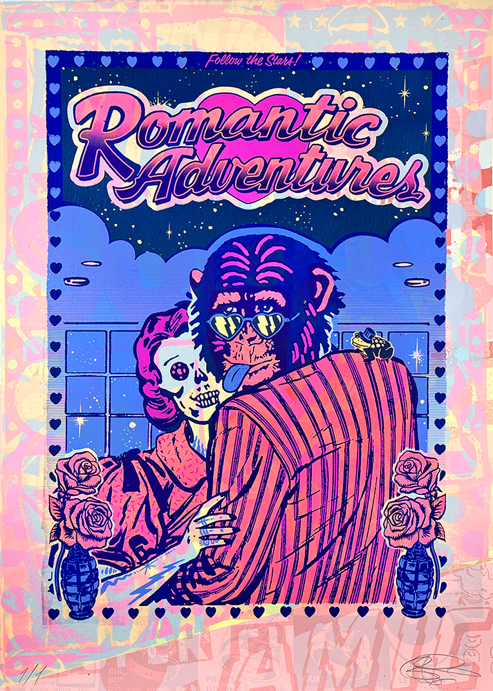 A vibrant poster showcases an artistic retro comic-style scene, depicting a sharply dressed ape, enveloped in smoke, warmly embracing a skeleton. The backdrop is adorned with a starry night sky and blooming roses. Bold text across the artwork proclaims, "Romantic Adventures" and "Follow the Stars!.