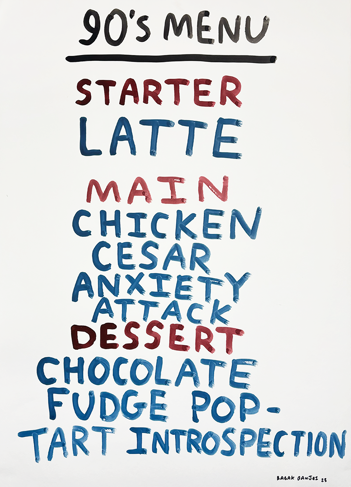 A creatively hand-drawn poster, titled "90's Menu," unfolds as a work of art. It colorfully presents a Latte as the introductory starter, followed by main courses such as Chicken Caesar Anxiety Attack, and concludes with indulgent desserts like Chocolate Fudge Pop-Tart Introspection. The entire menu is elegantly scripted in lively shades of red and blue, capturing the essence of the decade with vibrant flair.