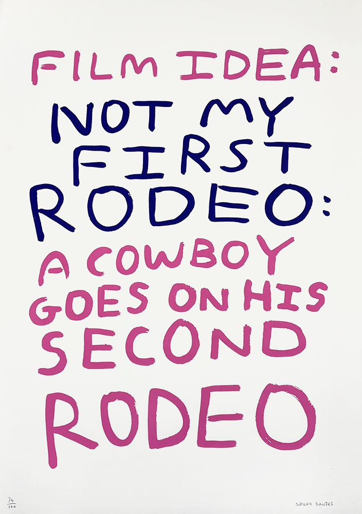 In vibrant, artistic handwriting, the text spells out: "FILM IDEA: Not my first rodeo (Purple/Pink 12th Edition): A cowboy goes on his second rodeo," featuring alternating lines of blue and pink against a pristine white backdrop.