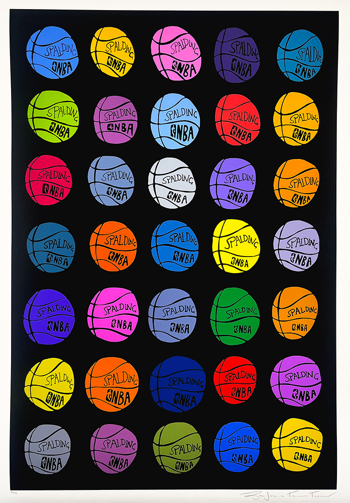 A vibrant art piece called "You're So Bauhaus Baby!" displays 35 basketballs. They rest on a black background, radiating a playful Bauhaus vibe. Bright blues, pinks, oranges, and greens burst from each ball. The balls proudly show off "Spalding" and "NBA" labels in different styles.