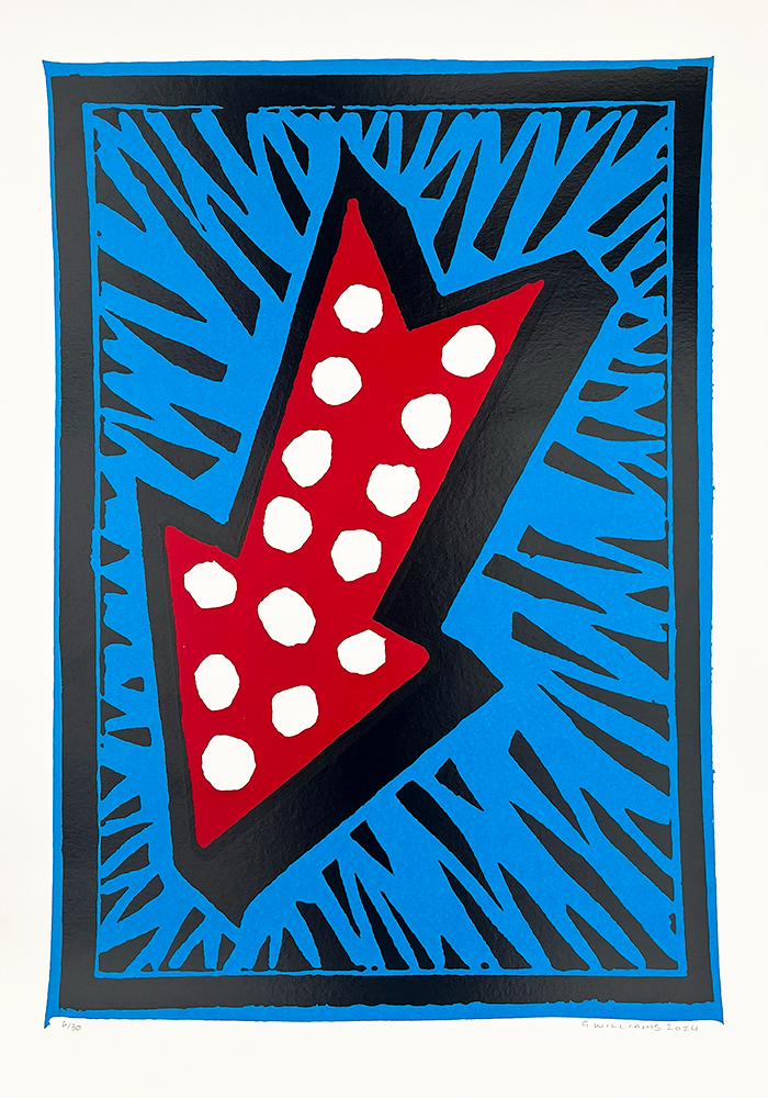 The Fairground Arrow (Blue) artwork presents a vibrant red arrow adorned with white polka dots, each outlined in bold black, creating a sense of motion and excitement. This striking motif is positioned against a lively blue backdrop, featuring an intricate jagged pattern that adds depth and energy to the piece. Encapsulating the entire composition is a thick black border, enhancing its dramatic visual impact and drawing the viewer's eye inward.