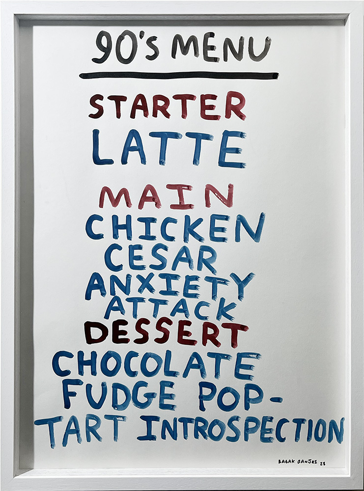 The "90s Menu - Original Artwork" features a hand-painted sign listing: Starter—Latte; Main—Chicken Caesar Anxiety Attack; Dessert—Chocolate Fudge Pop-Tart Introspection.