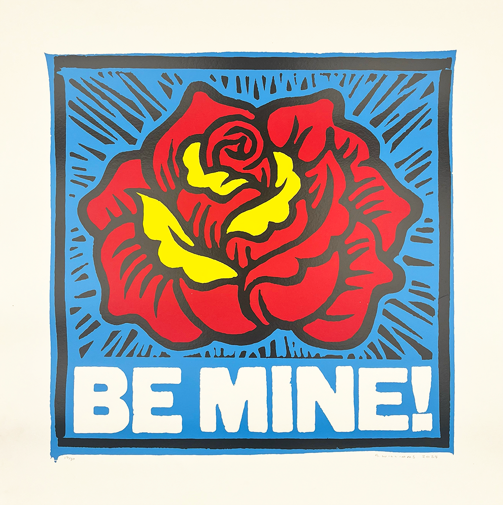 An artistic depiction featuring a striking red and yellow rose set against a lively blue backdrop, accented with stylized lines. Below the rose, the phrase "BE MINE!" is prominently displayed in large white letters, conveying an engaging and sentimental message. Product Name: Be Mine! (Blue).