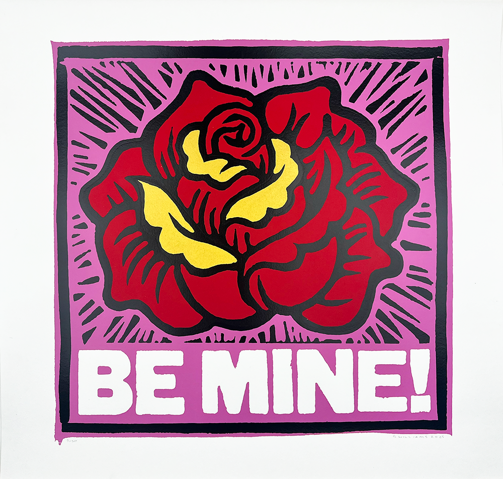 The "Be Mine! (Gold)" artwork is a striking piece that captures attention with its pop art flair. The canvas is adorned with vibrant red and yellow roses, each outlined in bold black to accentuate their form against a soft pink backdrop. Highlights of gold interlace among the floral elements, adding a touch of opulence to the composition. At the lower edge, the words "BE MINE!" are emblazoned in white capital letters, making a dynamic statement that resonates with youthful energy and romantic allure.