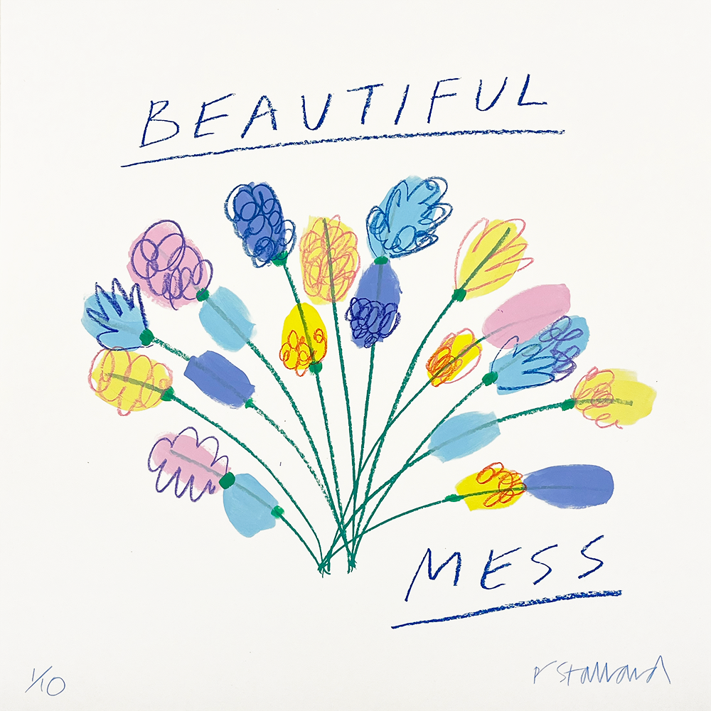 Beautiful Mess" is an artistic expression featuring a vibrant array of abstract flowers, each rendered in a diverse palette of shapes and colors against a crisp white canvas. The title stands prominently above the composition in bold black lettering, adding contrast and depth to the piece. A signature marks the bottom right corner, lending a personal touch to this captivating visual symphony.