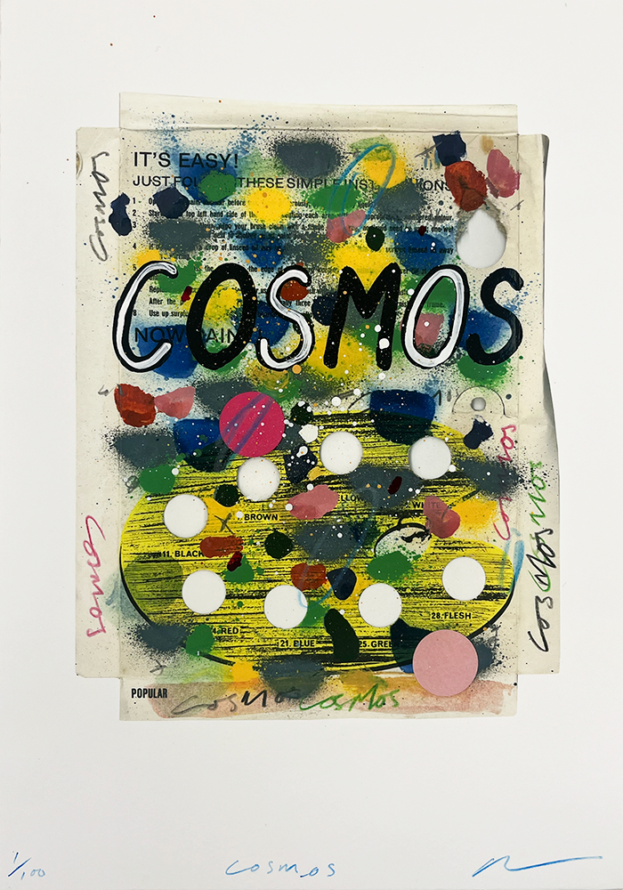 The "You Are My Cosmos" collage is a dynamic artwork where bold, vibrant letters dance against an abstract backdrop. It features a playful array of splatters, cut-out circles, and layered text elements, all masterfully interwoven with handwritten notes. A brilliant tapestry of diverse colors adds depth and intrigue to this captivating piece.