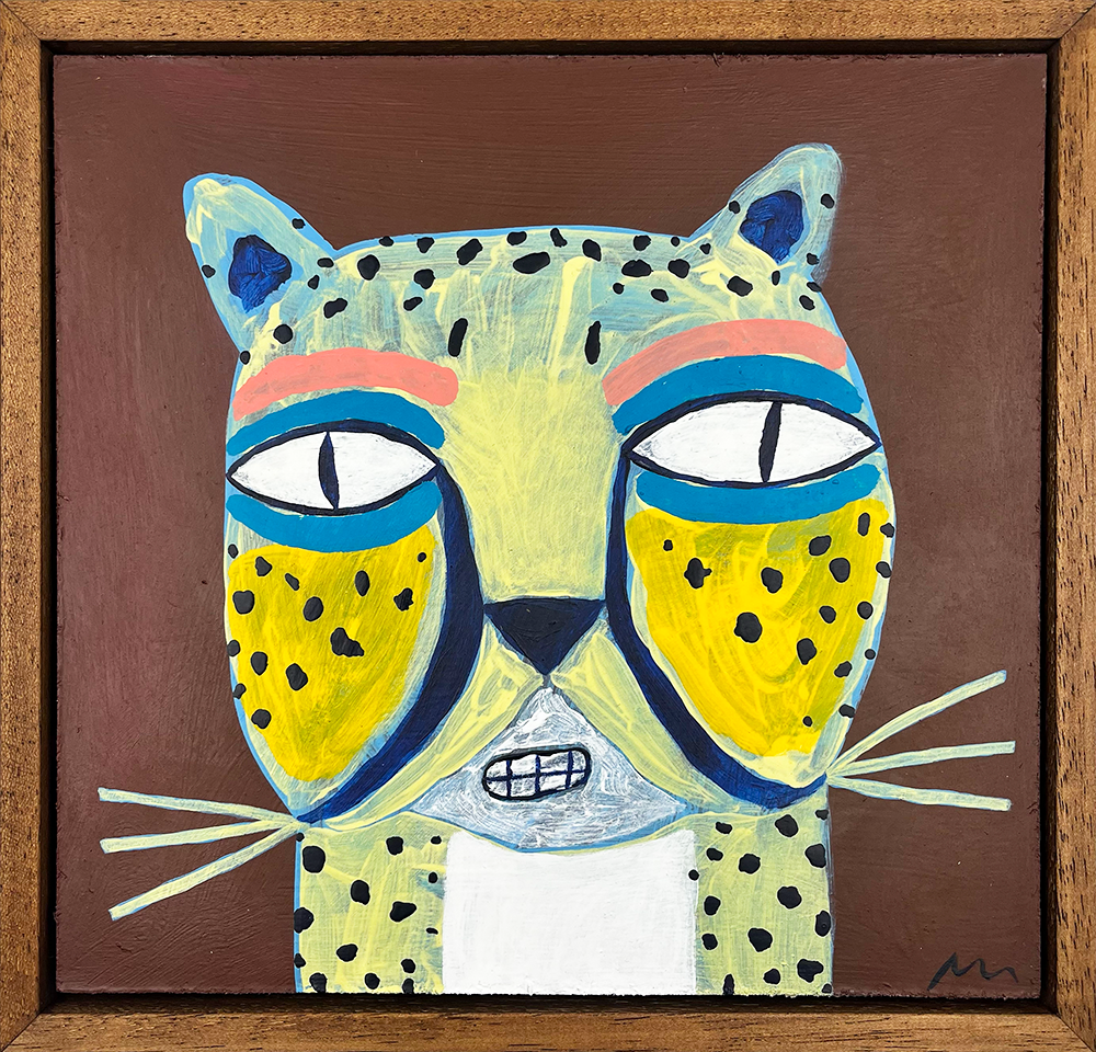 Product Name: Disco UFO - This stylized painting of a leopard captures attention instantly. The leopard flaunts exaggerated features, like its large blue-ringed eyes and black-spotted yellow cheeks. Pink eyebrows add a unique touch. The animal's prominent whiskers offer bold lines that draw the eye in further. A brown background enhances the artwork's rich colors. Finally, a wooden frame neatly encapsulates this vibrant piece of art.