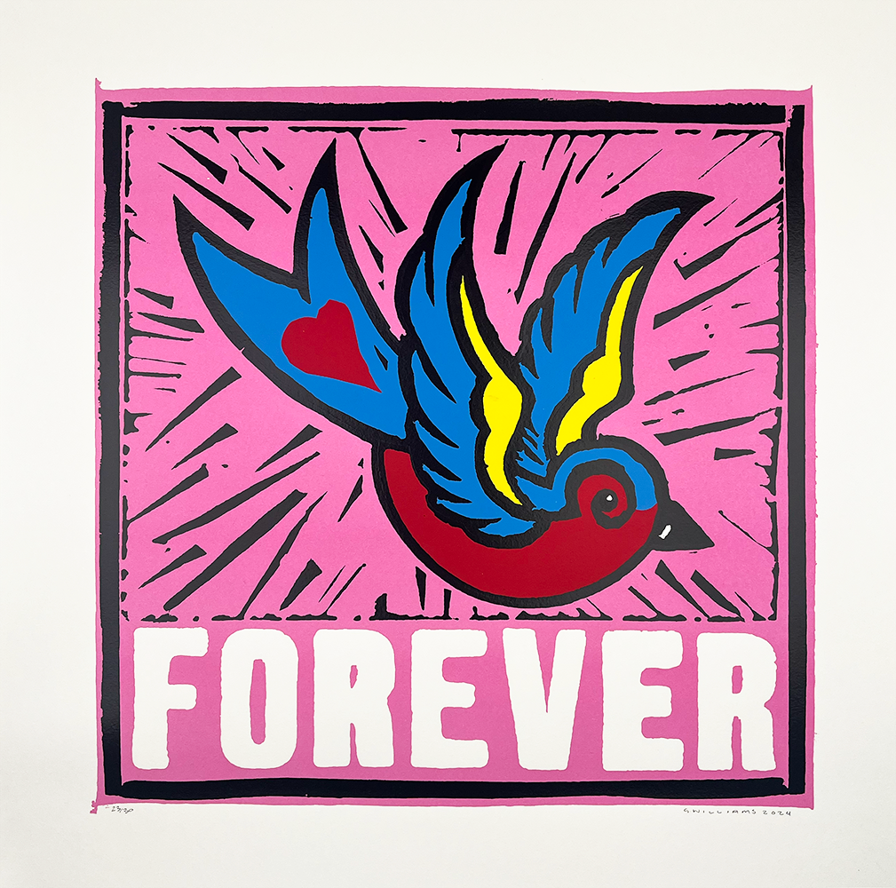 The striking piece titled "Forever (Pink)" captures the essence of timelessness through a captivating depiction of art. At its center, a stylized bird adorned with vivid blue and yellow wings carries a red heart, evoking a sense of freedom and love. The bird stands out against a lively pink background, where dynamic radiating lines add movement and energy to the composition. Dominating the lower portion is the word "FOREVER," rendered boldly in white, reinforcing the theme of enduring beauty amidst the artwork's vibrant palette.