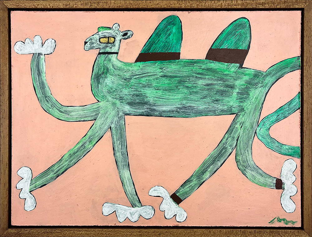 The whimsical "Friends of Geronimo" painting showcases a green creature. It has four long legs, two wings, and a tail. A peach background supports its vibrant presence. Its head is rectangular and playful. White feet add charm to its stance. Abstract elements surround this unique form, enhancing the scene with creativity and flair.