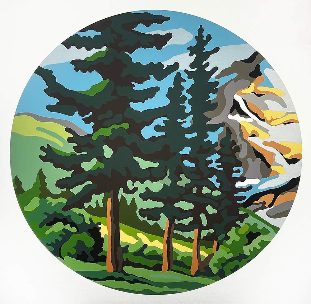 Untitled Landscape 2" is a dynamic and vivid circular artwork depicting an imaginative scene of evergreen trees and majestic mountains beneath a serene blue sky. The use of bold hues renders the piece with an abstract quality, infusing it with energy and liveliness.