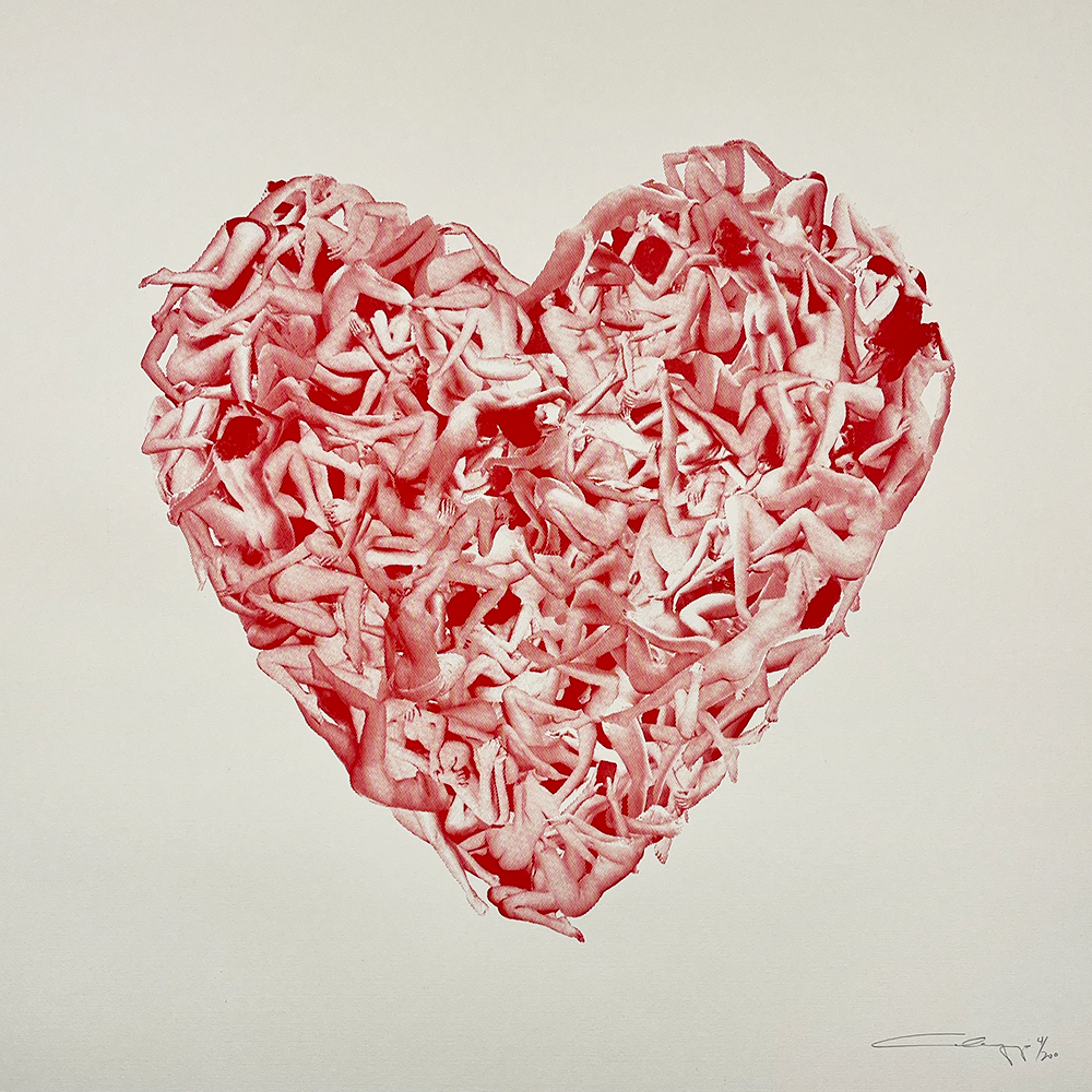 An exquisite piece of art features a heart-shaped composition crafted entirely from an array of intertwined red and white human-like figures. The simplicity of the plain background accentuates the intricate design, ensuring that all attention is drawn to the vibrant and dynamic heart at its center.