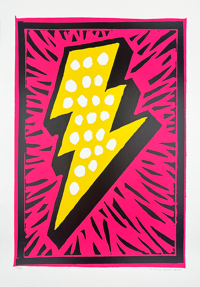 The Fairground Lightning (Neon Pink) design is a vivid piece of art that captures the essence of dynamic energy and fairground excitement. At its heart, a vibrant yellow lightning bolt pulses with intensity, adorned with delicate white dots that add a touch of whimsy and lightness. The bold black outlines provide striking contrast, sharply defining the bolt against its neon pink canvas. This backdrop radiates an electric mood, while jagged black edges lend an additional layer of drama and movement to the composition, evoking the exhilarating atmosphere of a lively fairground scene.