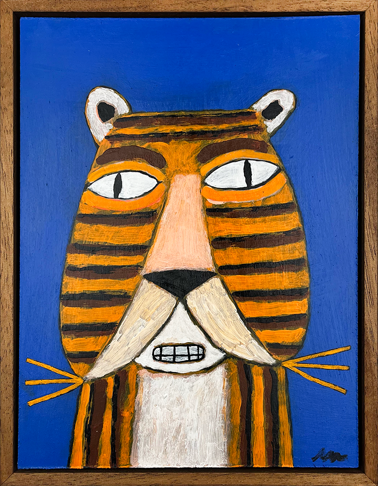 Love Is A Game" presents a stylized tiger. Its long face sits on a blue background, exuding love and elegance. The tiger's eyes are wide. Its small mouth reveals sharp teeth. Orange and black stripes cover its body, while white accents highlight the cheeks and nose. A wooden frame beautifully completes the artwork.