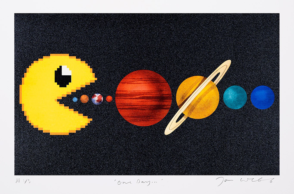 The artwork titled "One Day" is a vibrant homage to retro gaming and cosmic wonders. It showcases a pixelated yellow Pac-Man character as it voraciously navigates through an imaginative solar system. The planets—rendered in various sizes and colors—are whimsically arranged, featuring iconic celestial bodies like Saturn adorned with its unmistakable rings. This playful fusion of gaming nostalgia and astronomical elements creates a visually striking piece that captivates the viewer's imagination.