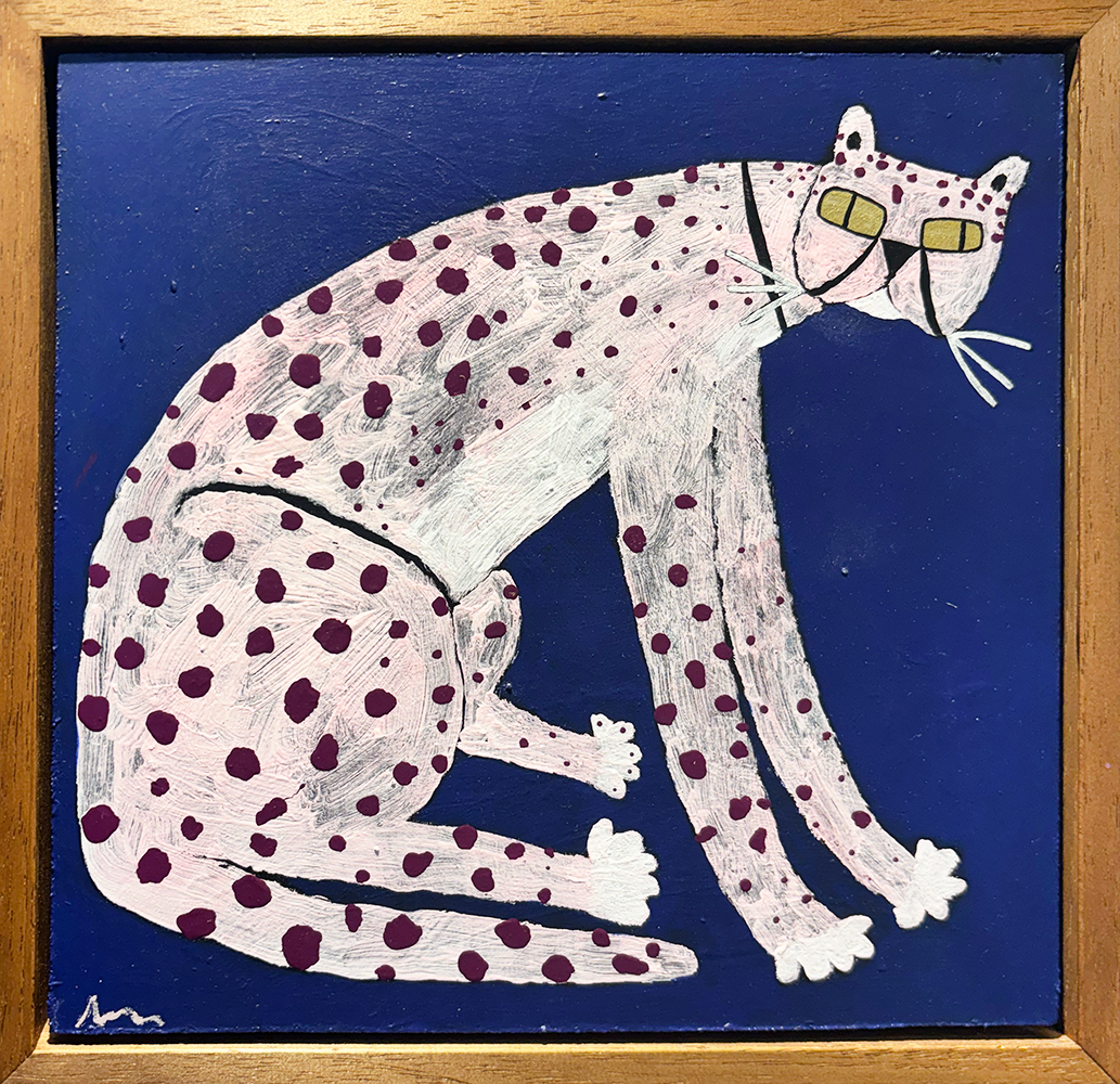 Pink Dreams captures the imagination. The artwork showcases a leopard with an unusual twist. Its body is white, adorned with pink spots. Bright and striking, it sits against a blue backdrop. The leopard's legs stretch longer than usual. Its whiskers stand straight and firm. A playful tail curls around its paws snugly. This unique piece comes in a simple wooden frame, adding classic charm to this modern creation.