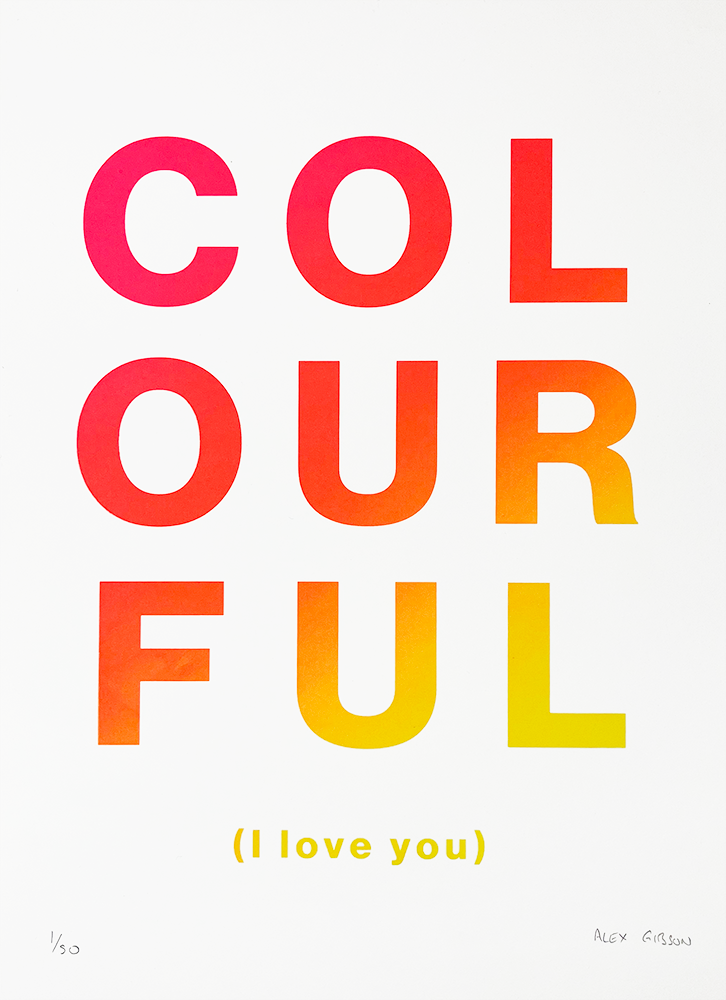 The artwork showcases the word "COLOURFUL" prominently, with each letter elegantly transitioning through a vibrant gradient from red to yellow, set against a crisp white background. Below this captivating display, the words "(I love you)" are delicately inscribed in smaller, radiant yellow text.