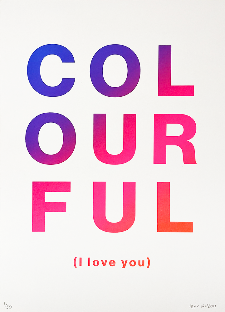 Sure! Here's a description of the text art:  The word "COLOURFUL" is displayed in bold letters, featuring a gradient transition that flows seamlessly from blue on one side to pink on the other. Beneath this vibrant display, in smaller red lettering, is the phrase "(I love you)".