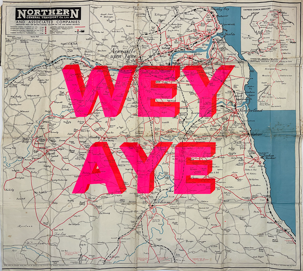 A vintage railway map of Northern England transforms into a piece of art with the addition of bold, large pink text exclaiming "WEY AYE" across its surface. The intricately detailed map features towns, cities, rail lines, and coastal areas, capturing the diverse geography of Northern England. Beneath its antique aesthetic lies a whimsical juxtaposition between historical cartography and modern vernacular expression.